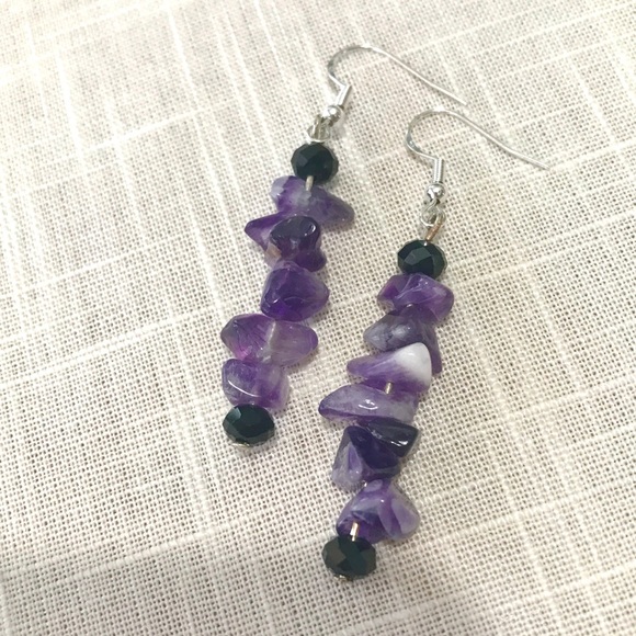 Artisan made Jewelry - Amethyst and Black crystal dangle Earrings